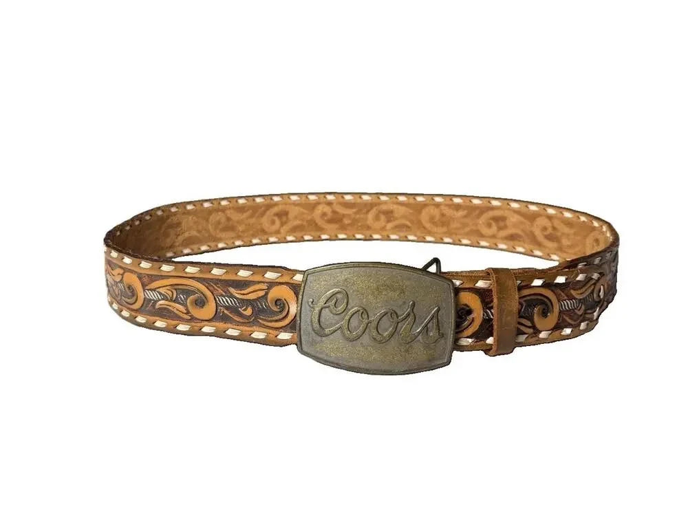 Vintage Quality Tooled Leather Belt Removable Coors Buckle Cowhide Leather 38 40